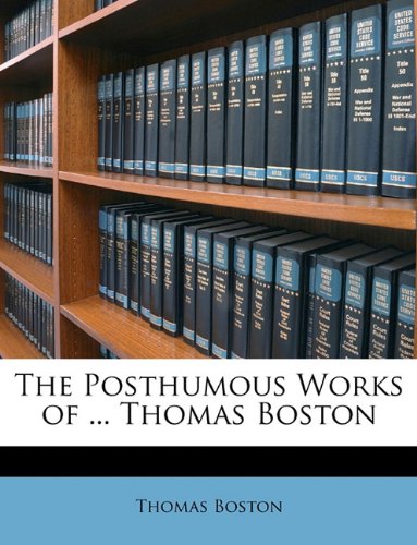 A collection of dark blue hardcover books with gold lettering on the spines, neatly arranged on wooden shelves, titled "The Posthumous Works of ... Thomas Boston."