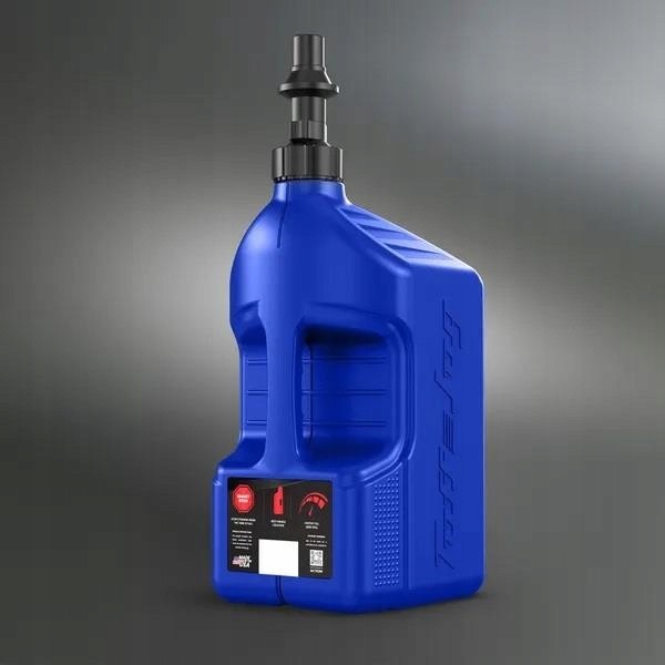 Blue plastic fuel canister with a black spout, featuring a sturdy handle, measurement gauge, and a label with safety instructions, designed for quick refueling, capacity of 20 liters.