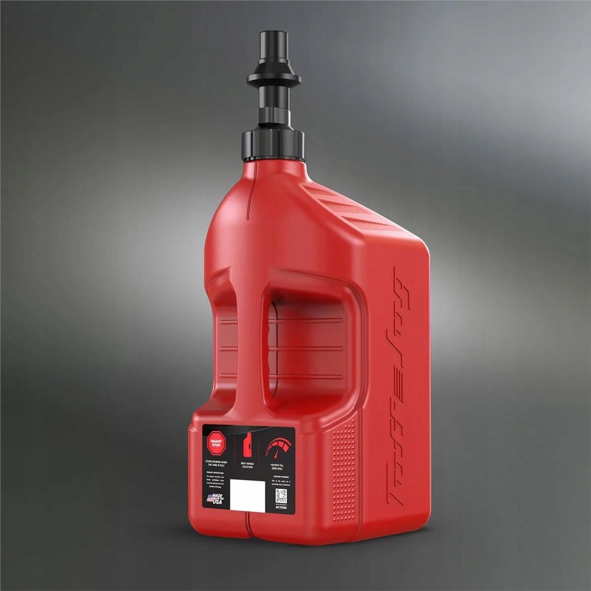 Red plastic fuel canister with a sturdy handle, a black spout for easy pouring, and a gauge on the side, labeled "Tuff Jug Kanister Na Rýchle Tankovanie 20 L" by Pitking Products.