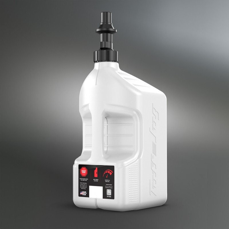White 5-gallon Tuff Jug with a black Ripper Cap G3, featuring a sturdy plastic design and measurement indicators on the side for easy liquid dispensing.
