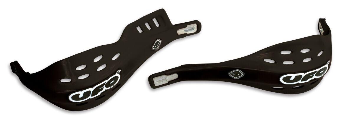 Black UFO Jumpy Hand Guards featuring a sleek design with ventilation holes and reflective logo, ideal for motocross and off-road riding.
