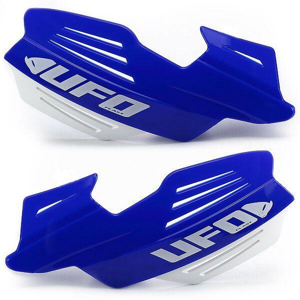 Blue and white plastic hand guards for motorcycles, featuring the UFO logo, designed as replacements for Vulcan models with a sleek, aerodynamic shape.