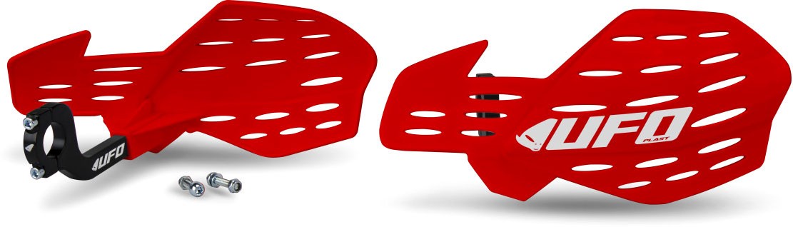 Red plastic hand guards with a perforated design, featuring the "UFO" logo, and accompanied by mounting hardware.