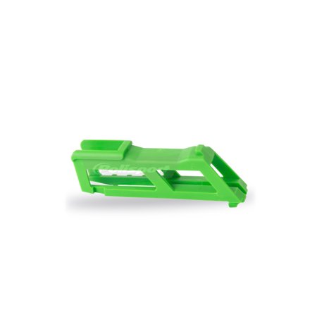 Bright green plastic chain guide designed for Kawasaki KXF 250/450 models from 2009 to 2018, featuring a streamlined shape for optimal chain protection and durability.