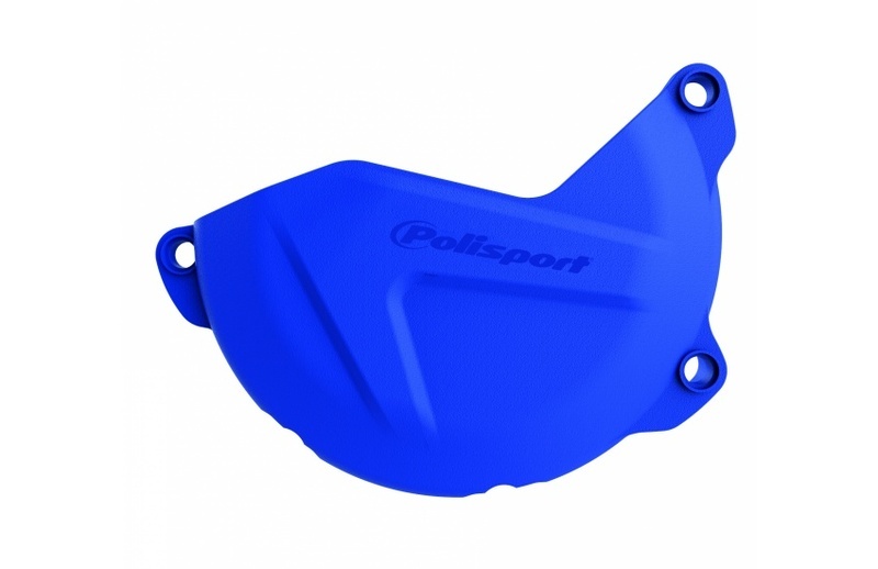 Bright blue clutch cover protection made of durable plastic, featuring a sleek design with the "Polisport" logo and three mounting holes for KTM/Husqvarna motorcycles.