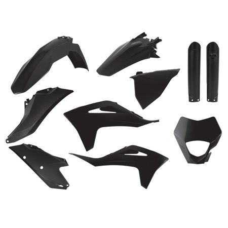 Black plastic bodywork kit for Gas Gas EC 250/300 & EC 250/350F models (2021-23), including fenders, side panels, and number plates, designed for durability and style.