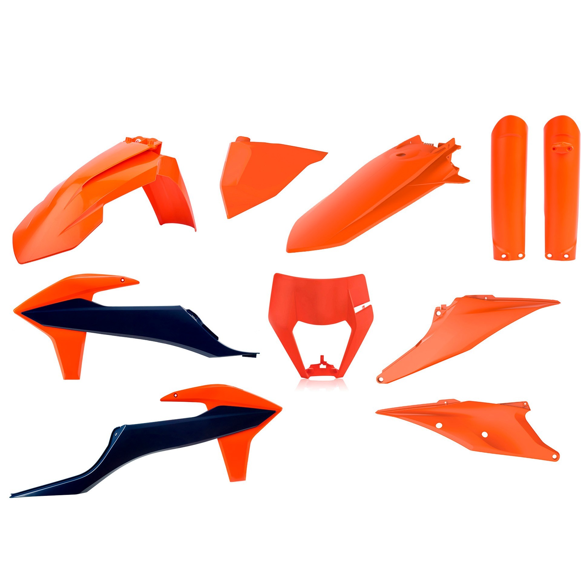 Bright orange and black plastic bodywork kit for KTM EXC models (2020-2023), featuring fenders, side panels, and a rear number plate, designed for durability and performance.