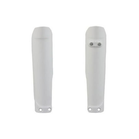 White plastic fork guards designed for Husqvarna TC/FC/TX/FX/TE/FE models from 2016 to 2022, featuring a sleek, smooth finish and mounting holes for easy installation.