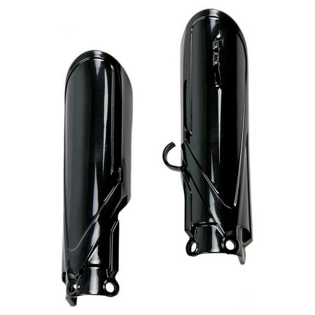 Black plastic fork guards designed for Yamaha YZ65 models from 2019 to 2023, featuring a sleek, glossy finish and integrated mounting points for easy installation.