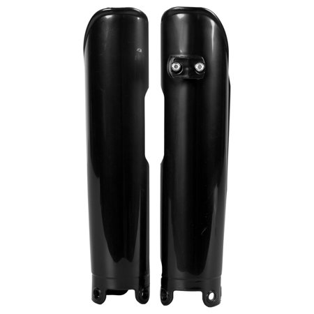 Black plastic fork guards designed for KTM SX/EXC models from 2003 to 2007, featuring a sleek, streamlined shape and mounting holes for easy installation.