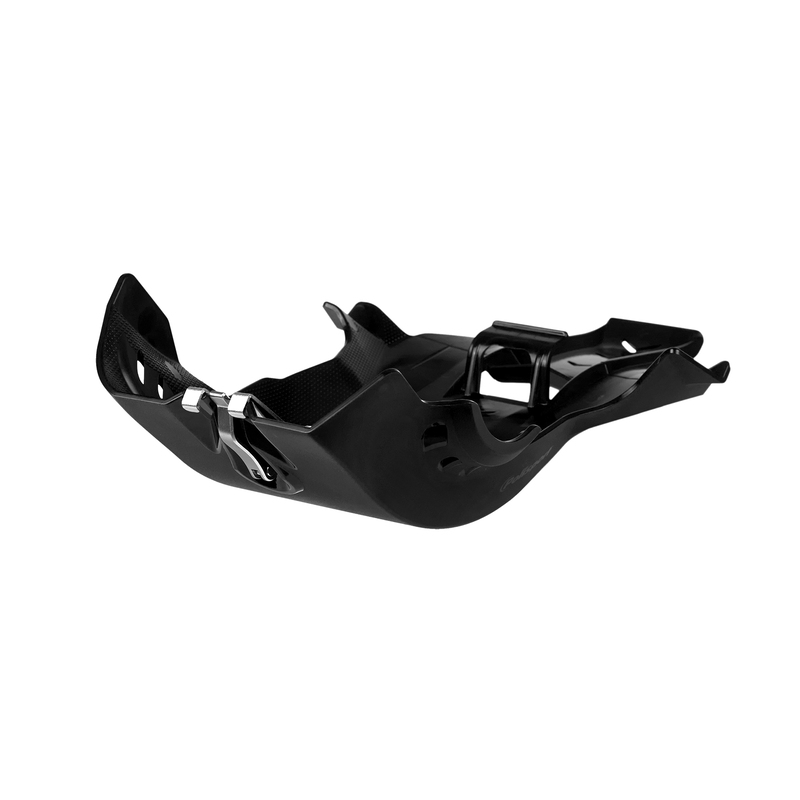 Black Polisport Fortress skid plate with linkage protector, designed for Sherco SEF-R and SE-F Factory models (2012-2023), featuring a durable plastic construction and sleek design.