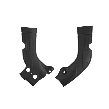 Black Polisport frame protectors designed for Honda CRF250R, CRF250RX (2022-23), CRF450R, and CRF450RX (2021-23), featuring a textured surface and precise cutouts for easy installation.