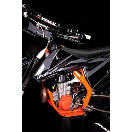 Orange Polisport frame protectors designed for KTM/Husqvarna models, featuring a durable plastic material, fitted around the bike's frame for enhanced protection.