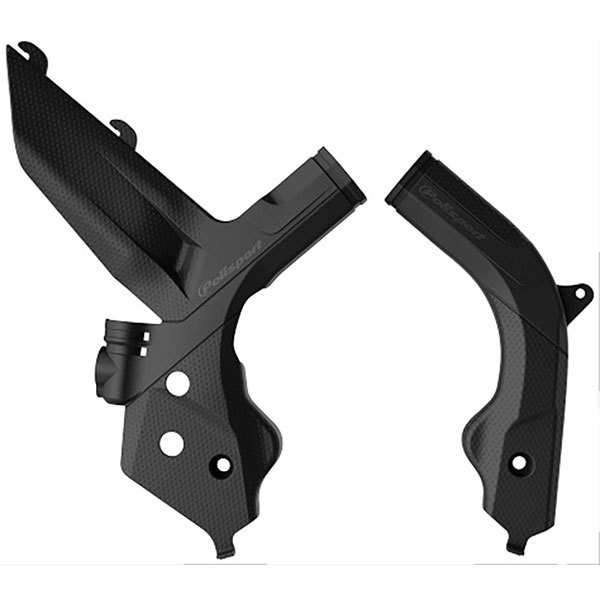 Black Polisport frame protectors designed for KTM SX/SXF 2019-22 and EXC/EXC-F 2020-22, featuring a textured surface and precise cutouts for easy installation.