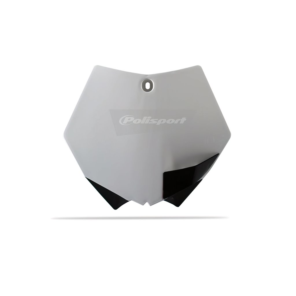 White front number board for KTM SX models (2007-2012) featuring a sleek design with black accents and a central mounting hole, made from durable plastic material.