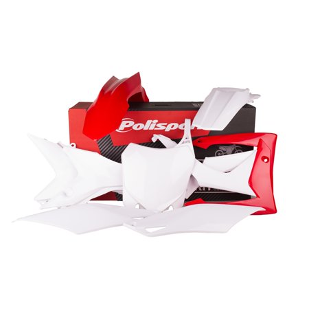 Polisport Full Plastics Kit in white and red, designed for Honda CRF250R (2014-17) and CRF450R (2013-16), includes multiple plastic body panels and a branded box.
