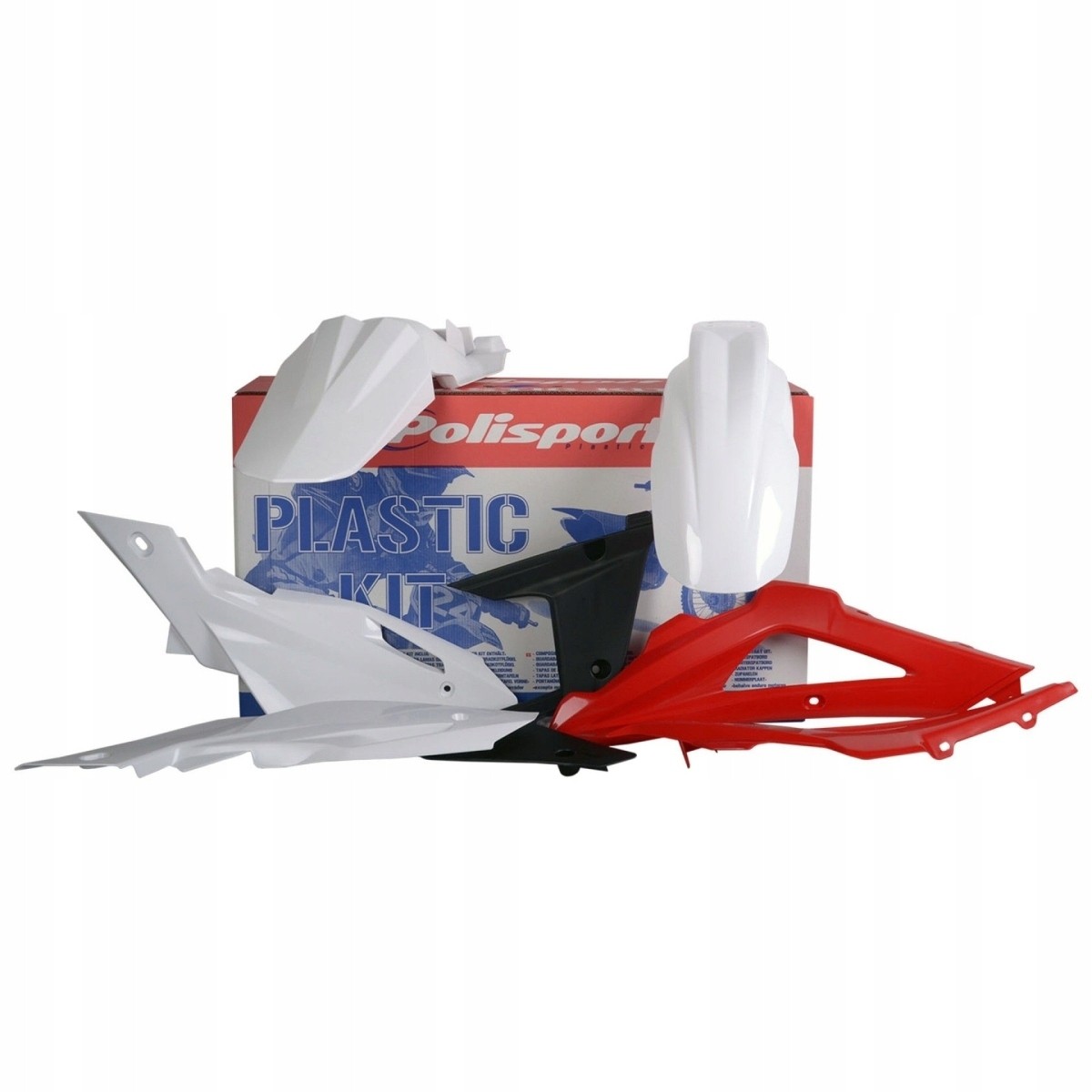 Polisport Full Plastics Kit for Husqvarna TC/TE250-510 (2009-10) featuring white, red, and black plastic components, including fenders and side panels, arranged around a branded box.
