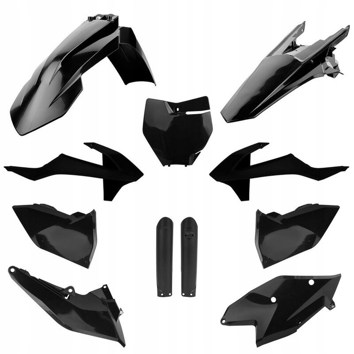 Black plastic full plastics kit for KTM SX 125/150 and SXF 250/350/450 models from 2016-2018, featuring fenders, side panels, and a front number plate.