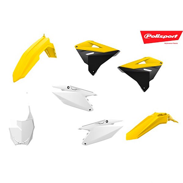 Polisport Full Plastics Kit for Suzuki RM 125/250 (2001-2018), featuring yellow and white plastic bodywork, including fenders and side panels, designed for a 2019 style restyle.