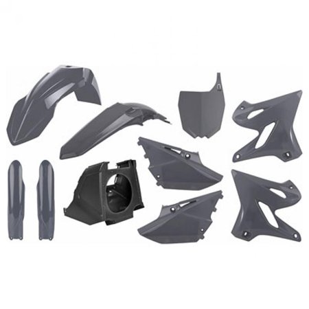 Polisport Full Plastics Kit in grey for Yamaha YZ 125/250 (2002-14), includes fenders, side panels, and number plates designed for restyling to 2015-21 models.