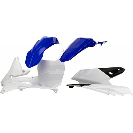 Polisport Full Plastics Kit featuring blue and white plastic bodywork, designed for Yamaha YZF250 (2014-2018) and YZF450 (2014-2017), includes fenders and side panels.