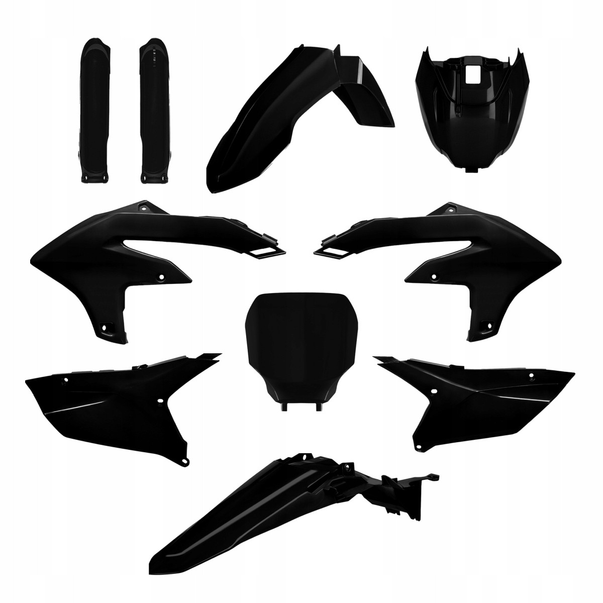 Complete POLISPORT Replica Plastic Kit in sleek black, featuring multiple durable plastic body panels, including fenders and side covers, designed for motorcycle customization.
