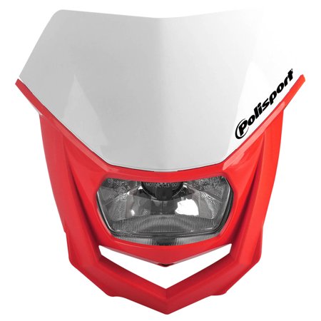 Polisport Halo front headlight unit in white and red, featuring a sleek design, clear lens, and prominent brand logo, ideal for enhancing visibility on bikes.