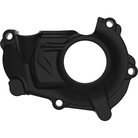 Black plastic ignition cover protector with a smooth finish, featuring a circular opening and the "Polisport" logo, designed for Gas Gas EC/XC 250/300 (2017-20) and Rieju MR 250/300 (2021).