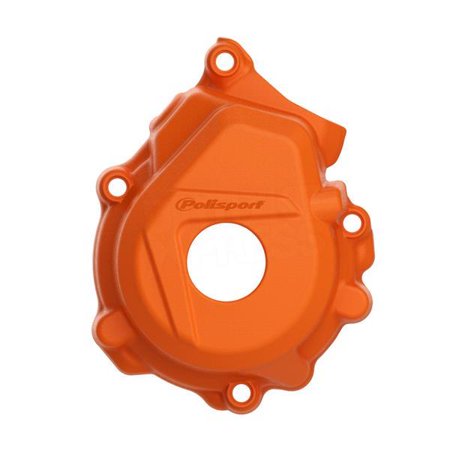 Bright orange plastic ignition cover protector with a circular cutout and raised edges, designed for KTM SX 125/150 and Husqvarna TC125 models from 2016 to 2020.