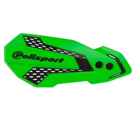 Bright green handguard with black accents and a textured grip area, featuring the Polisport logo, designed for Kawasaki KXF 250/450 (2008-2018) and KX 125/250 (2007) models.