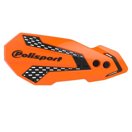 Polisport MX Flo handguard in vibrant orange with black accents, featuring a sleek design and ventilation holes, suitable for various KTM, Husqvarna, Sherco, and Gas Gas models from 2014-2022.