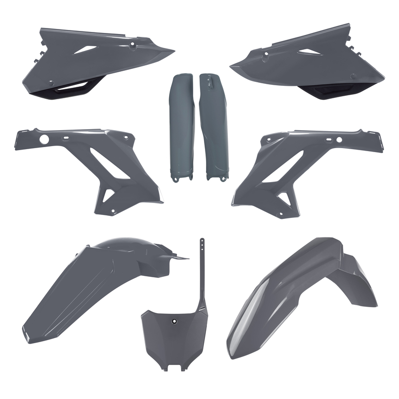 Polisport Plastics Kit in Nardo Grey for Honda CR125-250 (2002-07) to CRF450R (2021-22), featuring eight plastic components with a sleek, modern design.