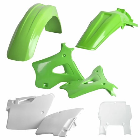 Bright green plastic bodywork kit for Kawasaki KX 125/250 (1994-95), including fenders and side panels, featuring a glossy finish and OEM design.
