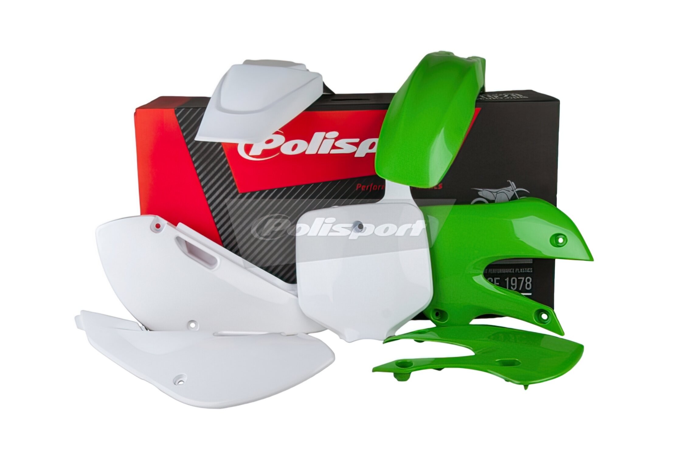 Polisport Plastics Kit for Kawasaki KX 65 (2000-2025) featuring vibrant green and white plastic components, including fenders and side panels, packaged in a branded box.