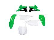 Green and white plastic kit featuring OEM 16 components, including fenders and side panels, designed for motorcycle customization.