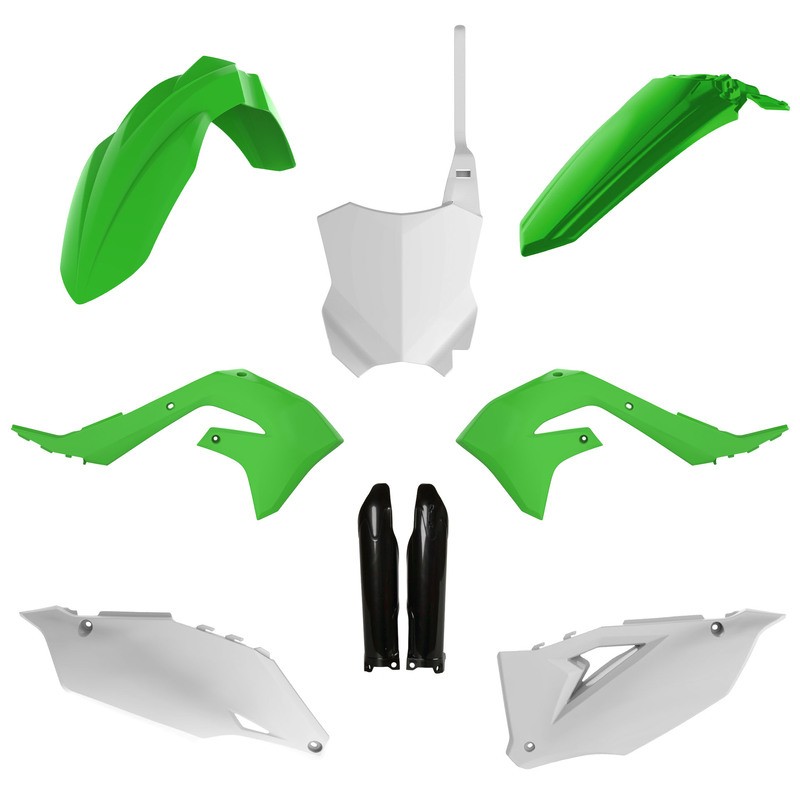 Polisport Plastics Kit featuring green and white plastic components, including fenders, side panels, and a front number plate, designed for Kawasaki KXF250 and KXF450 models.