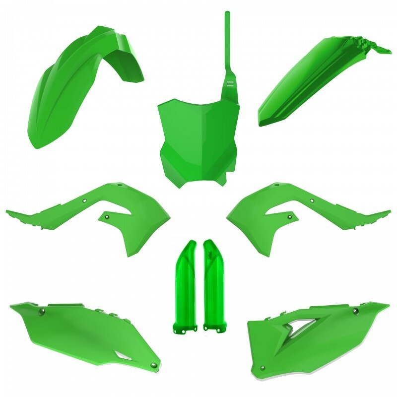 Bright green plastic kit featuring various motorcycle body parts, including fenders, side panels, and a front number plate, all made from durable plastic material.