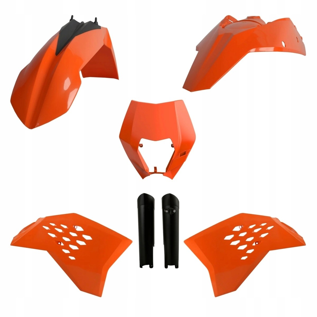 Polisport Plastics Kit in vibrant orange for KTM EXC models (125/200/250/300/450/530, 2008-11), featuring durable plastic fenders, side panels, and a front number plate.