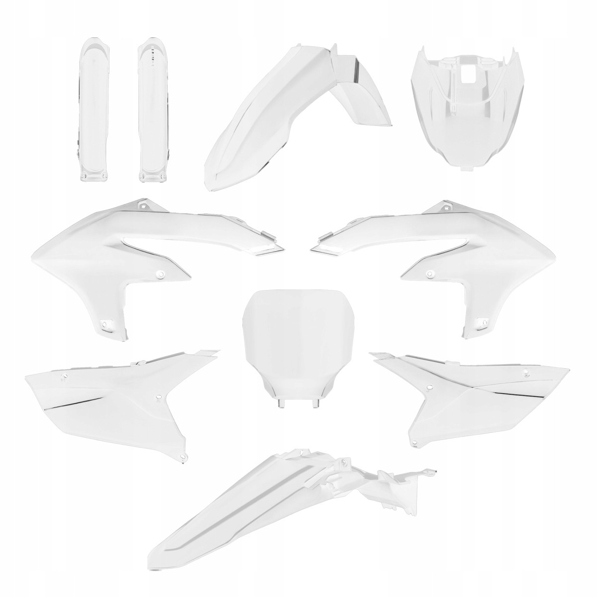 Complete POLISPORT Replica Plastic Kit in white, featuring multiple plastic panels including fenders, side panels, and a front number plate for motorcycle customization.