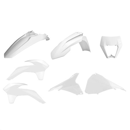 White plastics restyle kit for KTM EXC/EXC-F models from 2014-2016, includes front fender, side panels, rear fender, and number plate, made from durable plastic material.