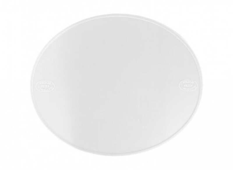 Round, white front number board made of durable plastic, featuring embossed logos on either side, designed for universal fit on motorcycles.