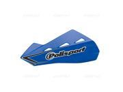 Blue Polisport Qwest handguards featuring a sleek design, made of durable plastic, with a prominent logo and ventilation slots for enhanced airflow.