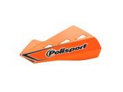 Bright orange plastic handguards with a sleek design, featuring a black Polisport logo and cutouts for ventilation, ideal for motorcycle protection.