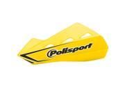 Bright yellow Polisport Qwest handguards made of durable plastic, featuring a sleek design with a black logo and cutouts for easy mounting.
