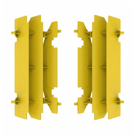 Yellow plastic radiator louvres designed for Suzuki RM125 (2001-08), RM250 (1996-2006), and DRZ400 (2000-21), featuring a sleek, aerodynamic shape for enhanced airflow.