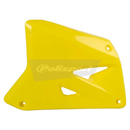 Bright yellow plastic radiator scoops designed for Suzuki RM85 models from 2002 to 2021, featuring a sleek shape and ventilation cutouts for improved airflow.