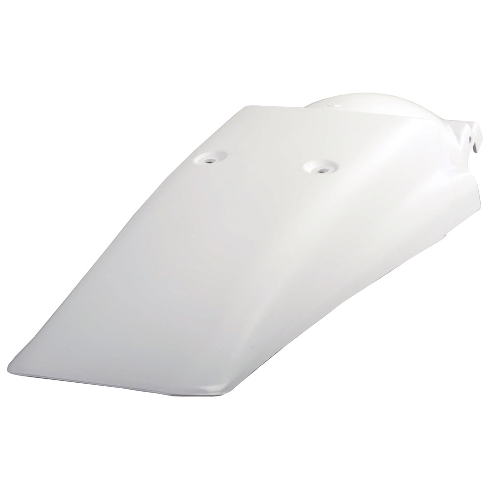 White plastic rear fender designed for Honda XR 250/400 models from 1994 to 2004, featuring a sleek, aerodynamic shape and two mounting holes.