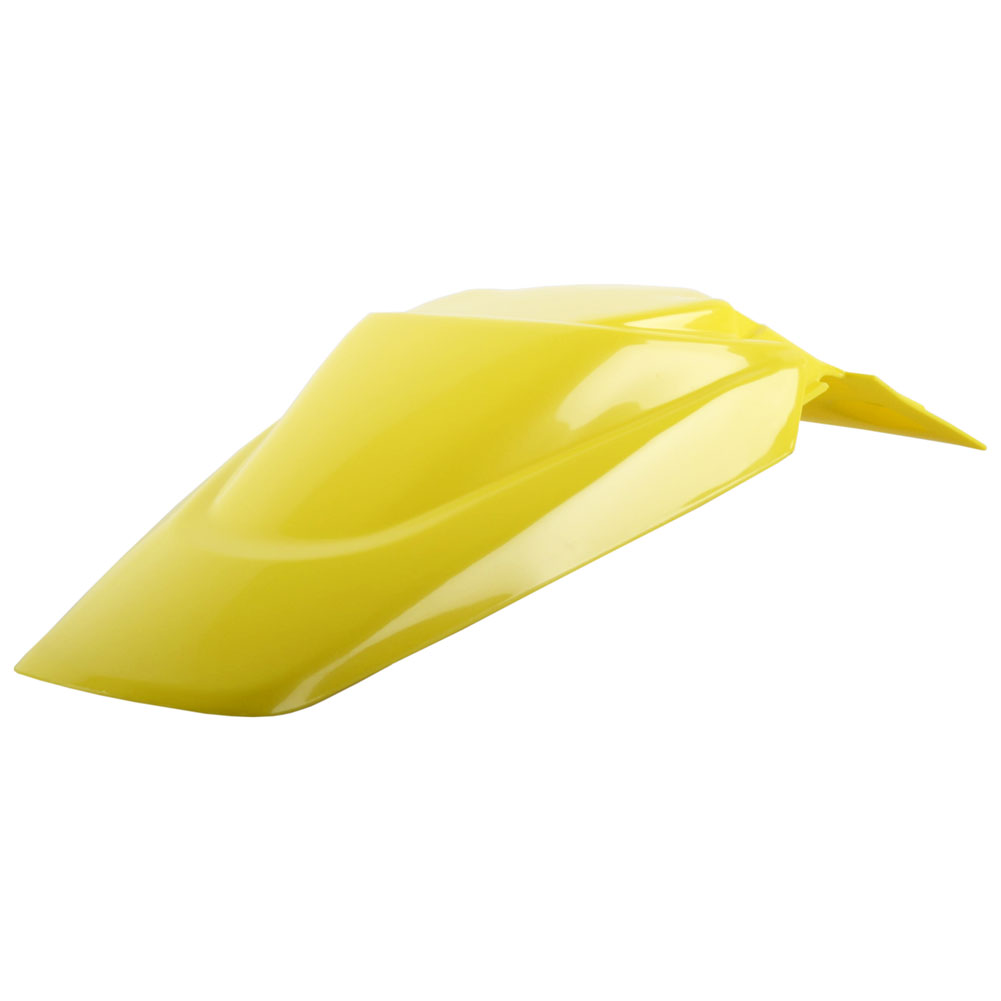 Bright yellow rear fender designed for Suzuki RM65 models from 2003 to 2005, featuring a sleek, aerodynamic shape and durable plastic construction.
