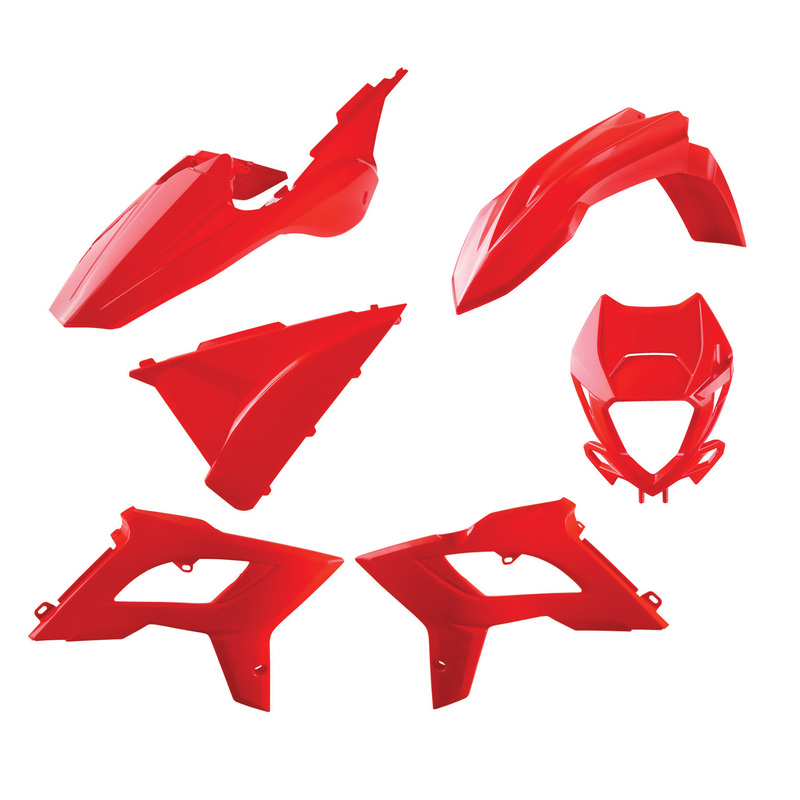 Bright red plastic kit for Beta RR 125/250/300/350/390/430/480 2T & 4T models (2018-19), featuring various body panels including fenders and side covers.