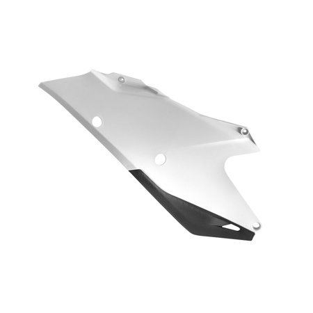 White and black plastic side panel for Gas Gas MC125, MC250/450F, and EC250/350F models (2021-23), featuring a sleek design with mounting holes.
